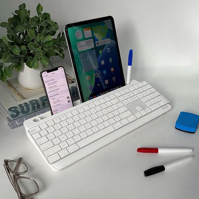 Birch Small Desktop Glass Whiteboard & Magnetic Calendar – Dry Erase Desk Pad Keyboard Stand with Storage, Adjustable Dividers, 3 Markers & Eraser – Office, Home & School (Cloud)