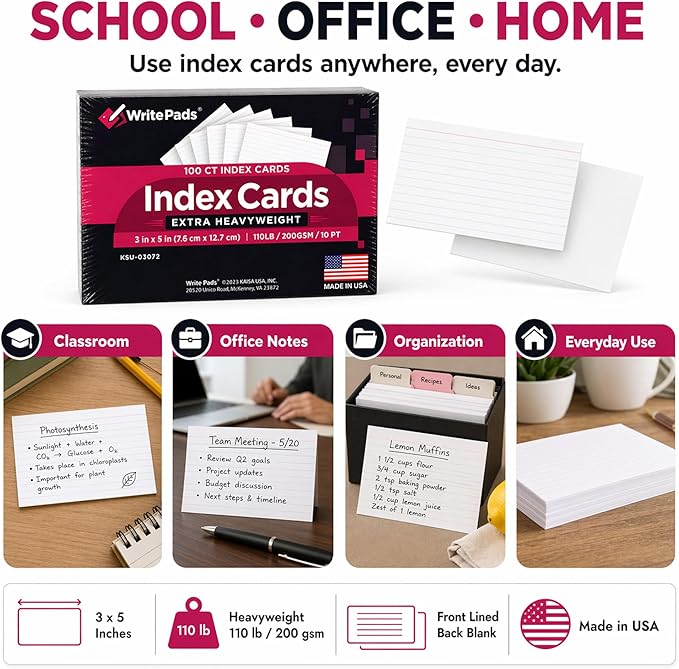 Heavyweight 3x5 Index Cards, Extra Thick Note Cards, Front Lined Back Blank Flash Cards, 110lb / 200gsm / 10pt Cardstock, 100 Sheets, Made in USA, for Studying, Classroom, Office Notes & Organization