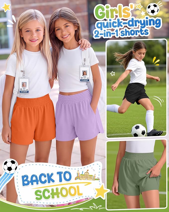4 Pack Girls Athletic Shorts 2 in 1 Quick Dry High Waist Tween Shorts with Liner Kids Back to School Running Shorts