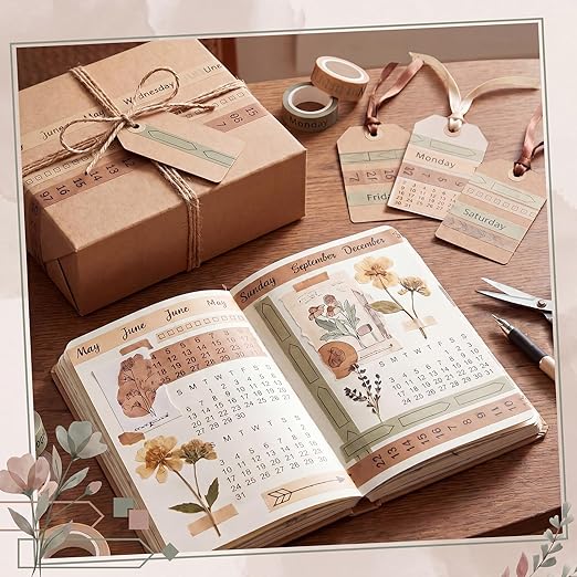 Chuangdi 9 Rolls Calendar Washi Tape Set Day Week Month Number Vintage Calendar Date Washi Masking Tape Decorative Patterned Marking for Arts Crafts Journal Planner (Pink, Green, Brown, Light Brown)