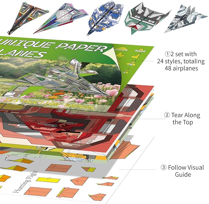 Elfew 48 Sheet Paper Airplane Kit for Kids Ages 6-8,8-12, Origami Paper Plane Kits for Boys, Crafts for Kids Activities, Origami Book, Airplane Toys Gifts for Boys and Girls