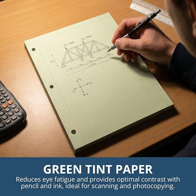 Roaring Spring Engineering Loose Leaf Filler Paper, 8.5"x11", 500 Sheets Per Pack, 5-pack (2500 Sheets) 15# Green Tinted Paper, Computation Paper, Proudly Made in The USA, Heavyweight Backer Board