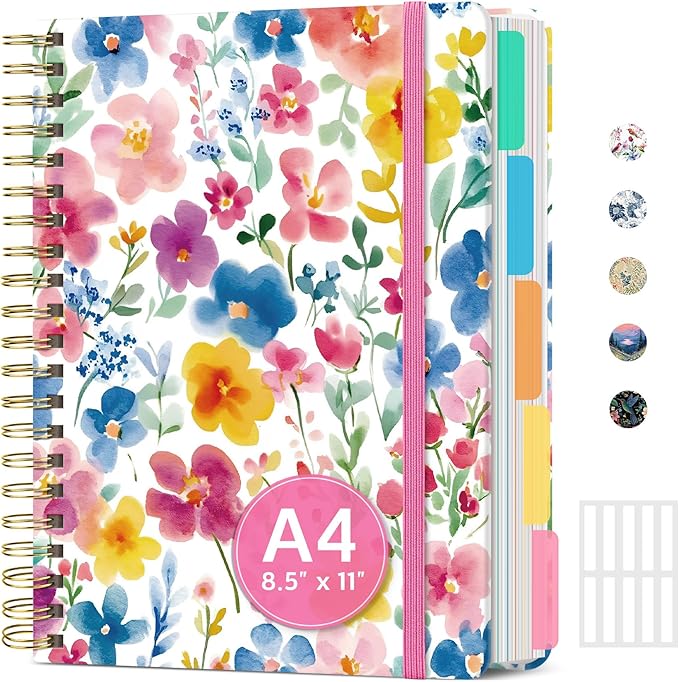Large Lined Spiral Journal for Women Cute Hardcover 5 Subject Notebook for Work 8.5" x 11" with Removable Dividers & Tabs, College Ruled, 280 Pages Aesthetic Journal for Work, School & Note Taking, Bloom Floral