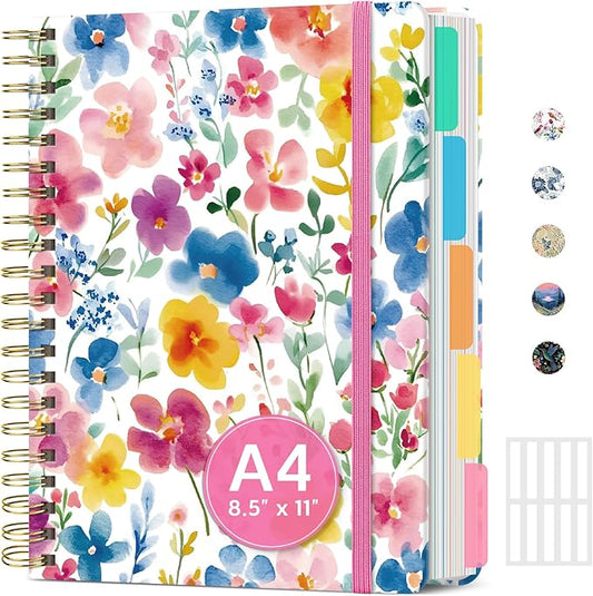 Large Lined Spiral Journal for Women Cute Hardcover 5 Subject Notebook for Work 8.5" x 11" with Removable Dividers & Tabs, College Ruled, 280 Pages Aesthetic Journal for Work, School & Note Taking, Bloom Floral