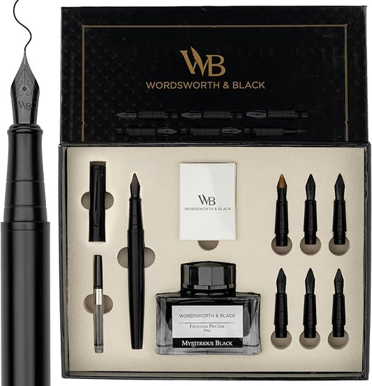 Wordsworth & Black Calligraphy Pen Gift Set, Includes Ink Bottle, 6 Ink Cartridges, A Refill Converter, 6 Replacement Nibs, Journaling, Smooth Writing Pens [All Black]