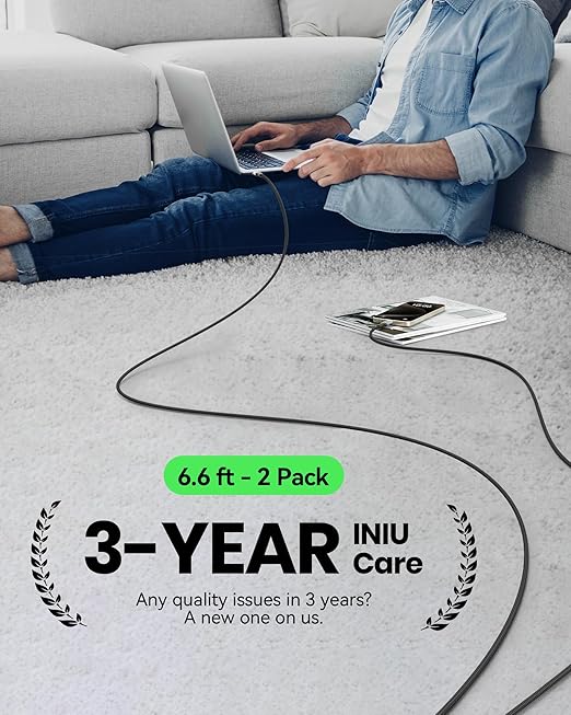 INIU USB C to USB C Cable, (6.6ft, 2-Pack) 100W USB C to C Fast Charging Cord, Braided Type C Charger Cable for iPhone 16 Pro Max 15 Plus Samsung Galaxy S24 S21 S10 Note 10 MacBook iPad Kindle etc.