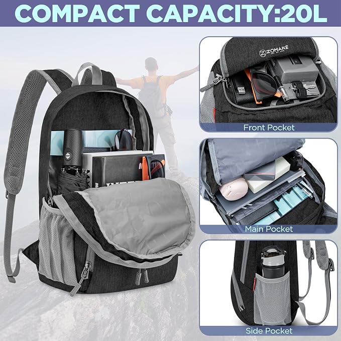 ZOMAKE Lightweight Packable Backpack, 20L Small Foldable Daypack for Hiking | Water Resistant Collapsible Backpacks for Women Men, Everyday Carry, Multi Compartment Storage, Adjustable Strap(Black B2)