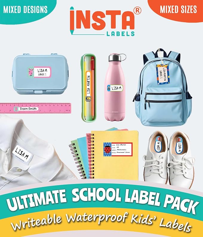 The Ultimate School Label Pack - 218 Waterproof Name Labels for Kids School Stuff, Name Tags for Clothes, Book Stickers & Bag Tags, No Iron Fabric & Iron on Clothing Labels for Kids, InstaLabels
