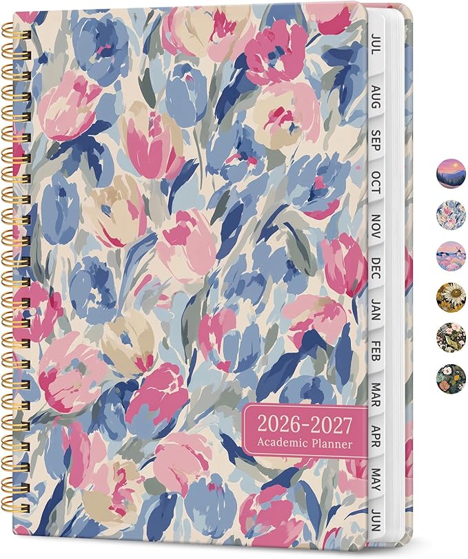 Planner 2026–2027, Academic Monthly Weekly Spiral Calendar, July 2026 – June 2027, Hardcover Agenda Notebook with Tabs, 6.3" x 8.5", Perfect for Students, Teachers, School & Daily Planning - Soft Blossoms