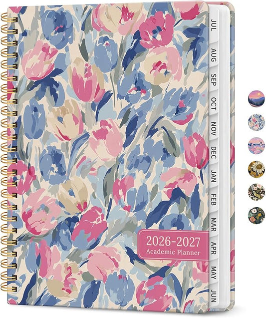 Planner 2026–2027, Academic Monthly Weekly Spiral Calendar, July 2026 – June 2027, Hardcover Agenda Notebook with Tabs, 6.3" x 8.5", Perfect for Students, Teachers, School & Daily Planning - Soft Blossoms