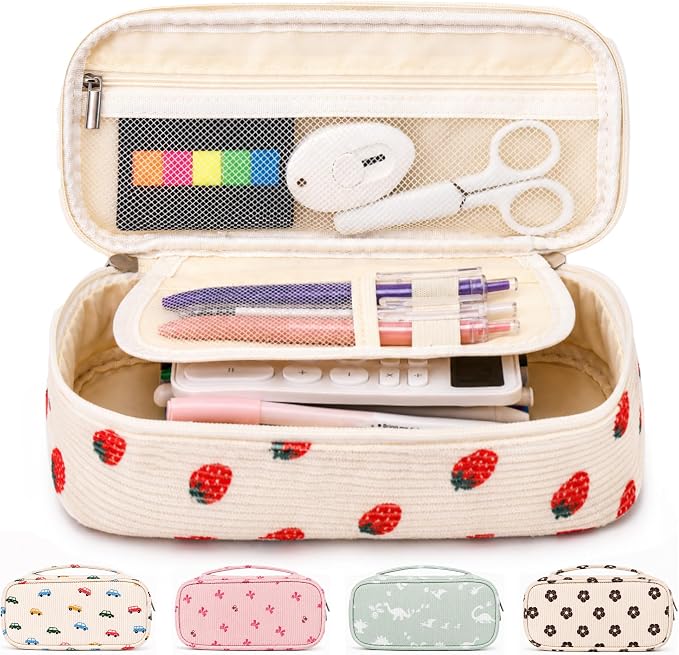 Big Capacity Pencil case,Soft Corduroy Pencil Bag,Cute Pen Case with Handle,5 Compartments, Wide Opening Pen Pouch Organizer for Teen Girls Women (Strawberry)