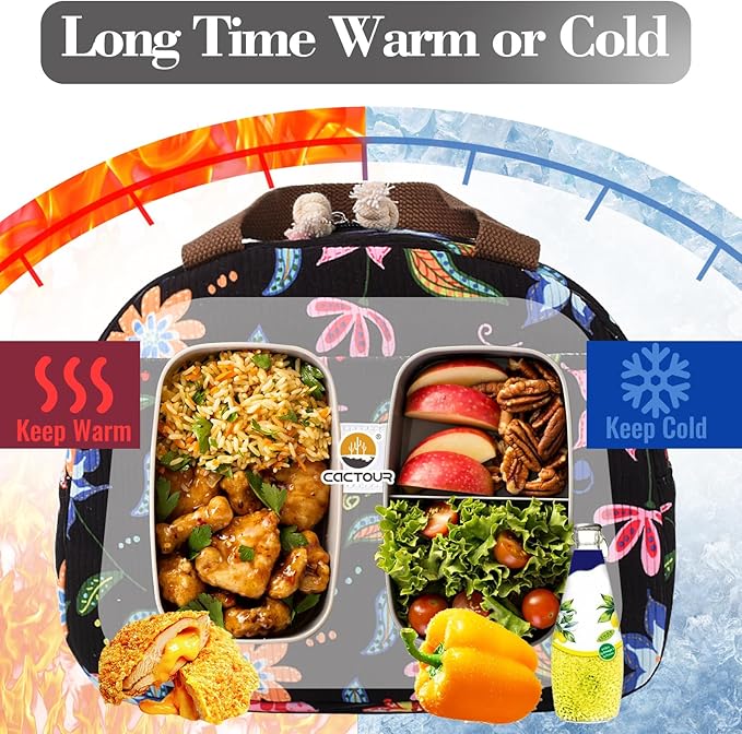 CaCTOUR Lunch Box Lunch Bag for Women Girls Teens, Cute Lunch Box Cooler Bag, Portable Small Insulated LunchBox Reusable Corduroy Lunch Tote for Work/Travel/Picnic/School - Floral