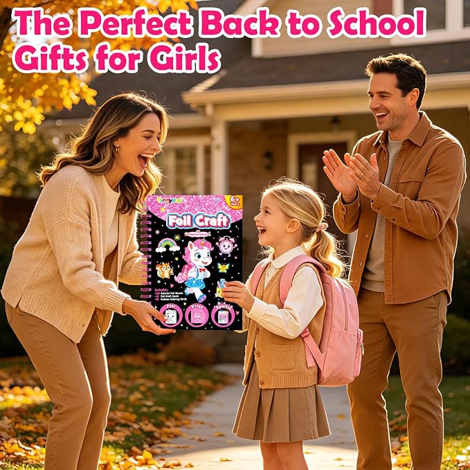 FUNNYB&G Foil Art Craft Kit for Girls 4-10 Years Old: Mess-Free & No-Glue, Create 16 Back to School Pictures – Perfect Travel Toy & Birthday Gift for Kids (Back to School)
