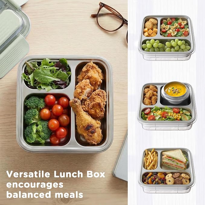 Stainless Steel Bento Lunch Box for Kids Adults with 8oz Insulated Food Jar, Leak-proof, Dishwasher-Safe, Transparent Lid with Sauce Cup and Cutlery Storage for School & Travel,BPA-Free(Green)