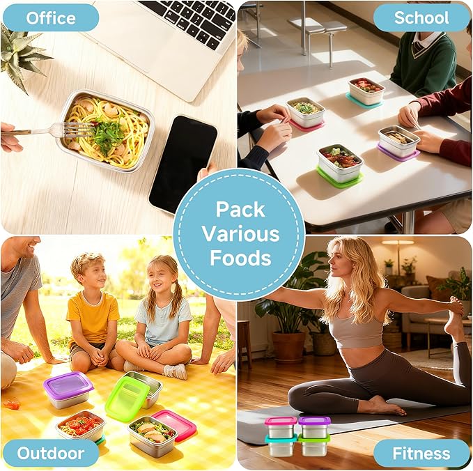 BEFOY Stainless Steel Snack Containers with Clear Silicone Lids for Kids/Adult Leak Proof Stackable Metal Lunch Box for Kitchen Storage, Meal Prep Easy Open & BPA-Free Stackable Box for Daycare