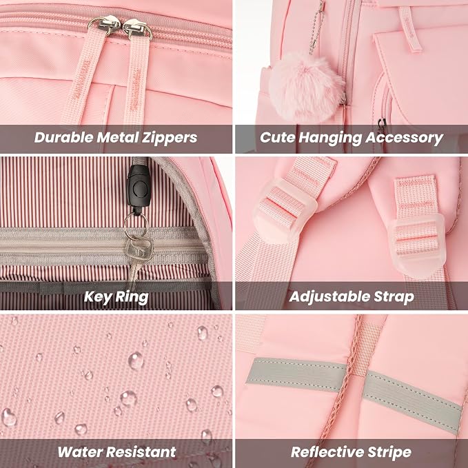 WINDARS School Backpack for Teen Girls, Cute College Backpacks for Women Students Aesthetic Bookbag Large 15.6 Inch Laptop Bag Middle School Travel Back Pack (Pink)