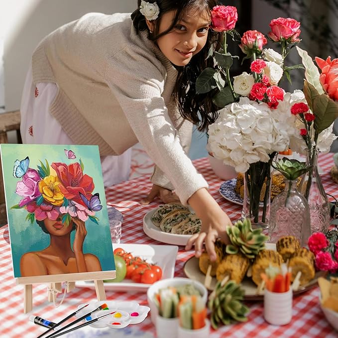 Ctosree 72 Pcs Flower Lady Paint and Sip Kit for Adults 8'' x 10'' Pre Drawn Canvas for Painting DIY Pre Printed Canvas for Party Favor Acrylic Painting Kit Wood Easel Brushes Date Night Bulk