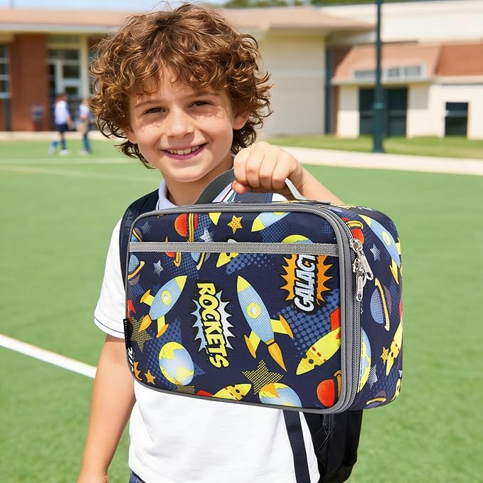 FlowFly Kids Lunch box Insulated Soft Bag Mini Cooler Back to School Thermal Meal Tote Kit for Girls, Boys, Outer Space Rocket Ships in Dark Navy Blue
