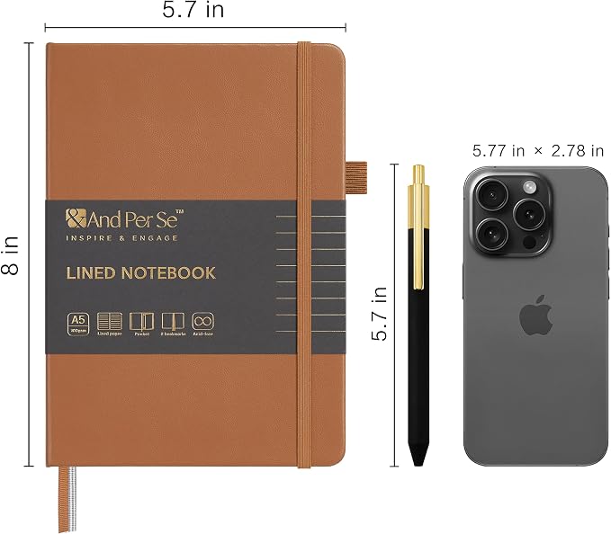 &And Per Se Lined Journal and Pen Set, A5 Leather Hardcover Notebook with Pen & Stationary Set, 160 Pages 100GSM Thick Ruled Paper Journal for Business Work Writing (Light Brown)