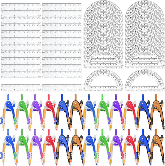 72 Pack Math Compass & Protractor Geometry Math Plastic Ruler Set Drawing Compass with Pencils 6 Inch Plastic Protractor for Geometry Bulk for Office Woodworking Art Drawing
