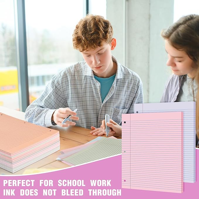 PerKoop 12 Pack 600 Sheets Colored Lined Paper Bulk College Ruled 8 x 10.5 Inches, Loose Leaf Notebook Paper 3 Hole Ring Punched Filler Back School Supplies, Line Spacing 0.7cm (Cute Color)