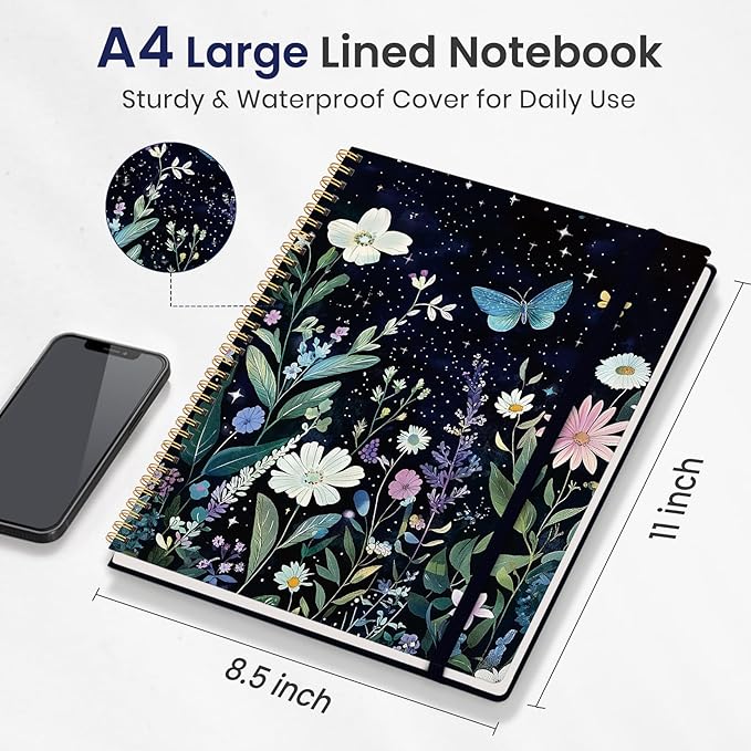Taja Large Spiral Lined Journal for Women, 8.5" x 11" Notebooks for Work Collge Ruled, A4 Aesthetic Cute Journaling Notebooks for Writing, Plastic Cover, Celestial