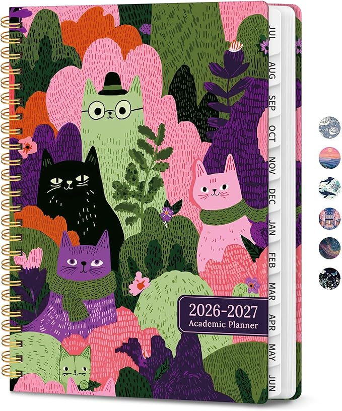 Planner 2026-2027, Hardcover Monthly and Weekly Academic Planner July 2026 - June 2027, Teacher and Student Calendar Agenda Book with Tabs, A5 (6.3" x 8.5"), Ideal for School and Office, Feline Grove