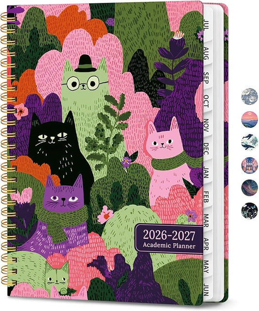 Planner 2026-2027, Hardcover Monthly and Weekly Academic Planner July 2026 - June 2027, Teacher and Student Calendar Agenda Book with Tabs, A5 (6.3" x 8.5"), Ideal for School and Office, Feline Grove