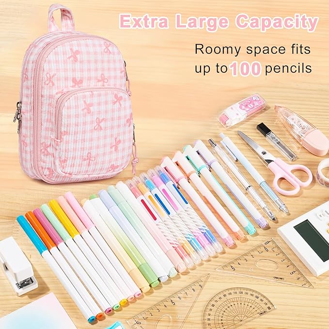 LEDAOU Pencil Case Cute Zipper Pencil Pouch Large Capacity Pencil Bag Organizer School Supplies for Girls Boys Kids (Pink Checkered Bow)