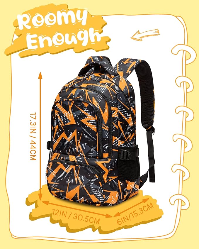 BLUEFAIRY Kids School Backpack for Boys Girls Ages 6-8 8-10 10-12 Elementary Middle School Book Bags with Laptop Compartment Mochilas Escolares para Niños Niñas de 8 10 12 Años (Orange, Geometric)