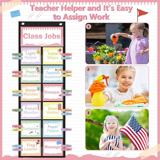 Pasimy Pastel Class Jobs Pocket Chart Class Helpers Pocket Chart Classroom Jobs Cards with Clips and Hooks Teacher Helper Bulletin Board Set for Back to School Classroom Teacher Supplies