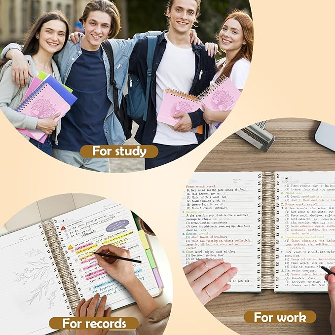 QIYVLOS Hardcover Spiral Notebook, A5 Journal with Removable Dividers Tabs, 5 Subject Notebook College Ruled, 320 Pages 6"x8" Leather Notebooks for Work School Study, Lined Journal for Women, Pink