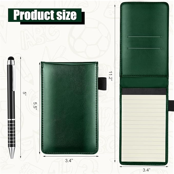 Outus 10 Pcs Mini Pocket Notepad Holder Set Included Small Leather Pocket Notebook Holder with 50 Lined Sheets, Metal Pen, 8 Pcs 3 x 5 Inch Memo Book Refills, 30 Lined Paper Per Note Pad (Green)