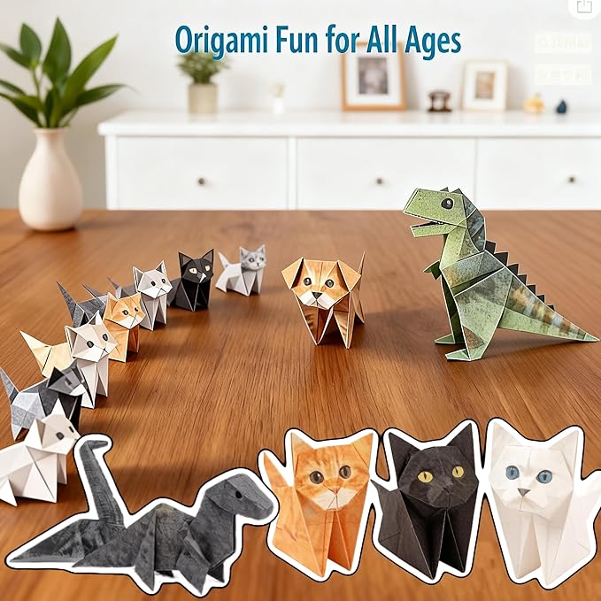 150 Sheets DIY Origami Paper to Fold, Fun 3D Paper Dog & Cat Dinosaur Models DIY Origami Paper Cats Set, Cute Pet Figures Fun Craft Activity Desk Decoration & Gift for Cat Lovers Adults