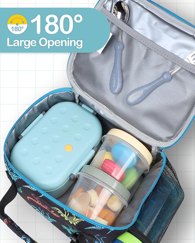 Bagseri Kids Lunch Bag Boys - Thermal Insulated Lunch Box Tote with Water Bottle Holder, Reusable Leak-Proof Kids Lunch Box for Daycare & School, Black Dinosaur Fossil (Containers Not Included)