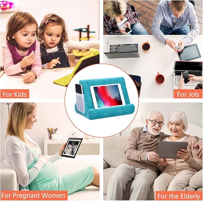 2pcs Multi-Angle Tablet Holder Cushion Stand with Net Pocket & Black Color Phone Stands Upgraded Tablet Pad Support for Phone,Pad,Books (Lakeblue)