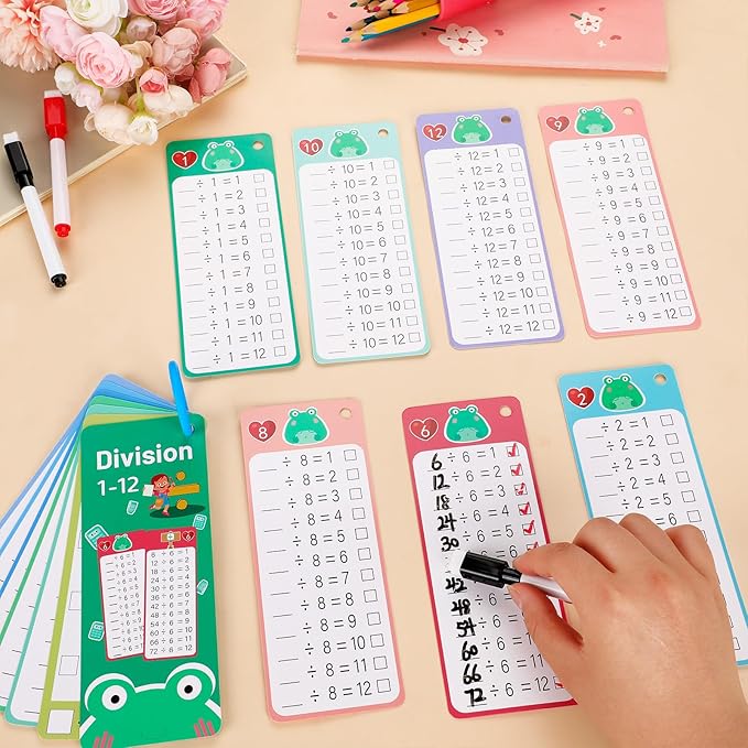 15Pcs Division Flash Cards, Division Chart 1-12 with 2 Dry Erase Pens 1 Rings, Time Table Flash Cards for 1st to 3rd Grades Fun Learning with Math Game
