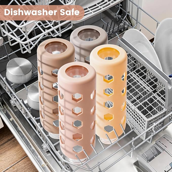 Mrsdry 18 oz Glass Water Bottles with Lids & Silicone Sleeves, 4-Pack | BPA Free, Leak-Proof Reusable Glass Drinking Bottles with Stainless Steel Airtight Cap for Juicing, Dishwasher Safe, Non-Slip