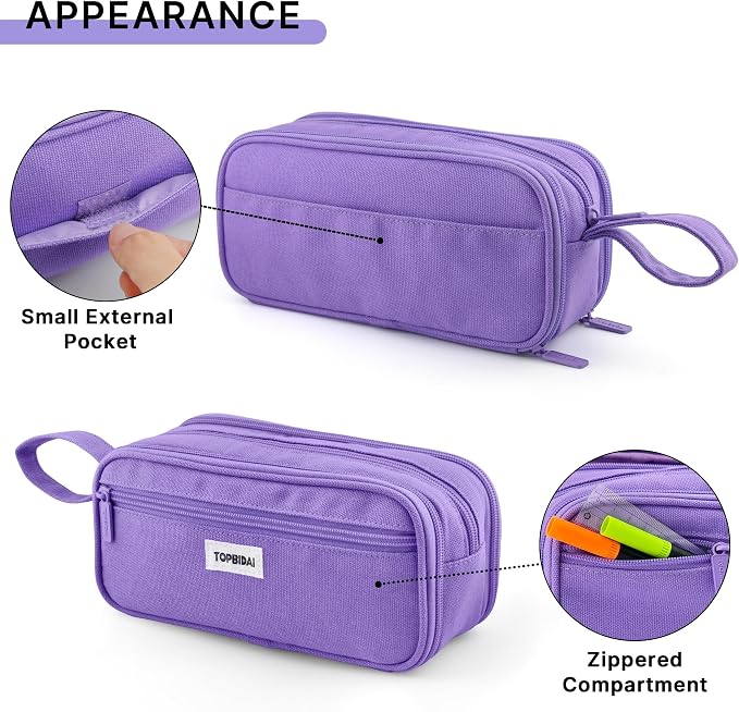 TOPBIDAI Large Pencil Case Pouch for Girls Boy Women Men Adults | Big Capacity Canvas Pencil Bag, Office School Supplies, Multi Compartment Zipper Stationery Pen Box(Full Purple)