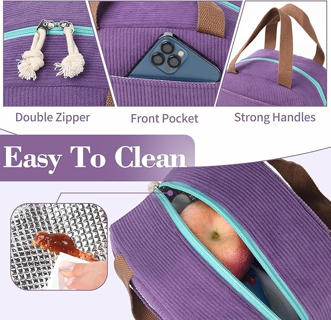 CaCTOUR Lunch Box Lunch Bag for Women Girls Teens, Cute Lunch Box Cooler Bag, Portable Small Insulated LunchBox Reusable Corduroy Lunch Tote for Work/Travel/Picnic/School (Purple)