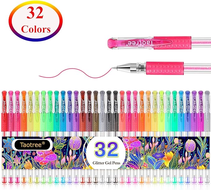 Taotree Glitter Gel Pens, 32 Colors Neon Glitter Pens Fine Tip Art Markers Set 40% More Ink Colored Gel Markers for Adult Coloring Book, Drawing Pens Art Supplies, Scrapbook, Journaling, Sparkle