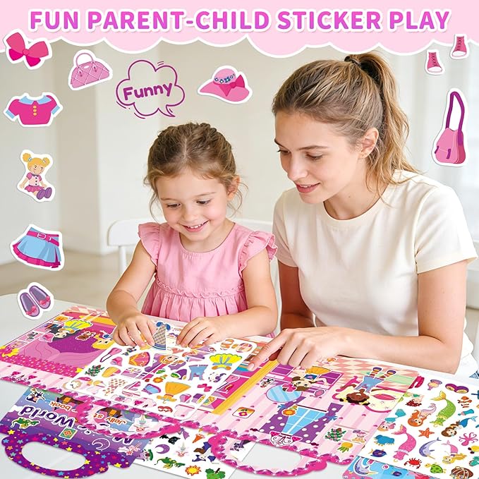 3 Sets Reusable Sticker Book for Toddlers 3-6, Jelly Sticker Books for Toddler, Travel Sticker Activity Toys for Kids 3 4 5 6 Years Old Girls & Boys(Princess+Mermaid+Elves World)