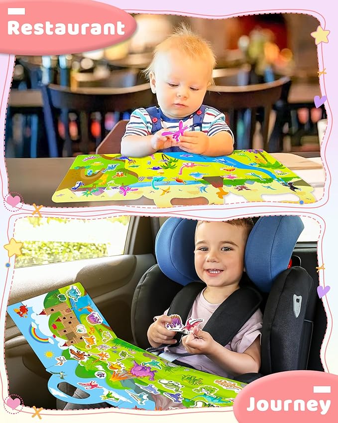 Benresive Reusable Sticker Book for Toddlers, Stickers for Kids, Travel Toys for Arts & Crafts Activities, Birthday Gift for Boys & Girls, Dinosaur Themes
