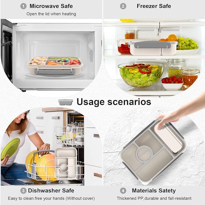 Amathley Bento Box Adult Lunch Box Kids,Lunch Containers for Adults/Kids/Toddler,5 Compartments Bento Lunch Box with Sauce Vontainers,Microwave & Dishwasher & Freezer Safe,BPA-Free (White)