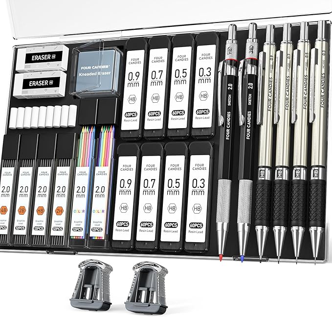 Four Candies 27PCS Mechanical Pencil Set with Case, Art supplies with Metal Pencil 0.3, 0.5, 0.7, 0.9 mm & 2PCS 2mm (HB 2H 2B 4B Color) with 552 Lead Refills, Technical Drawing Kit for Teen & Adults