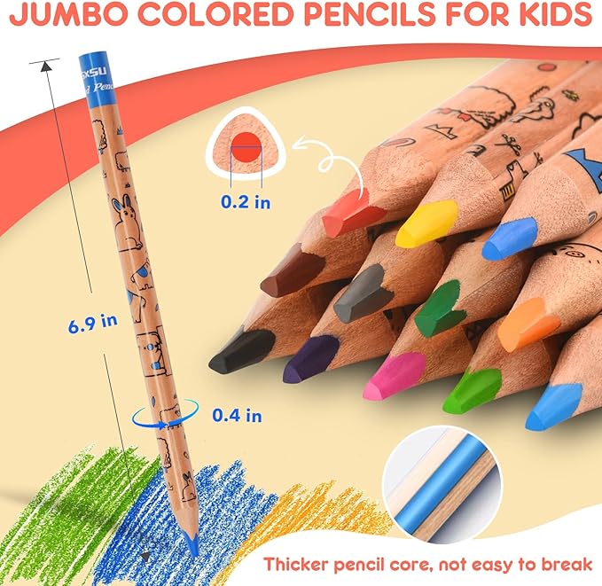 nsxsu 12 Jumbo Colored Pencils for Kids, Triangle Thick Coloring Pencils, Fat Color Pencil Set for 3-12 Preschool Toddlers Art Supplies, Easy Grip Birthday Party Favor Drawing Supplies