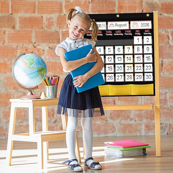 Black Classroom Calendar Pocket Chart with 89 Cards for Students Kids Large Classroom Calendar Pocket Chart for Home School Teacher Supplies (Rainbow Theme)