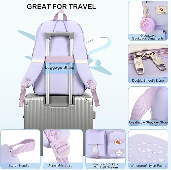 Hidds Laptop Backpacks 15.6 Inch College Backpack Elementary Middle High School Bag Large Cute Bookbags Anti Theft Travel Back Pack Casual Daypack Kids Book Bag for Teens Girls Women Students-Purple