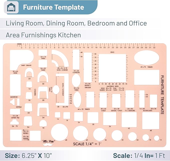 Mr. Pen- House Plan, 3 pcs, Interior Design and Furniture Templates, Clear Flexible Plastic, Drafting Tools, Ruler Shapes for Architecture, 1/4 Inch Scale, Kitchen, Bath, Bedroom, Office, Living Room