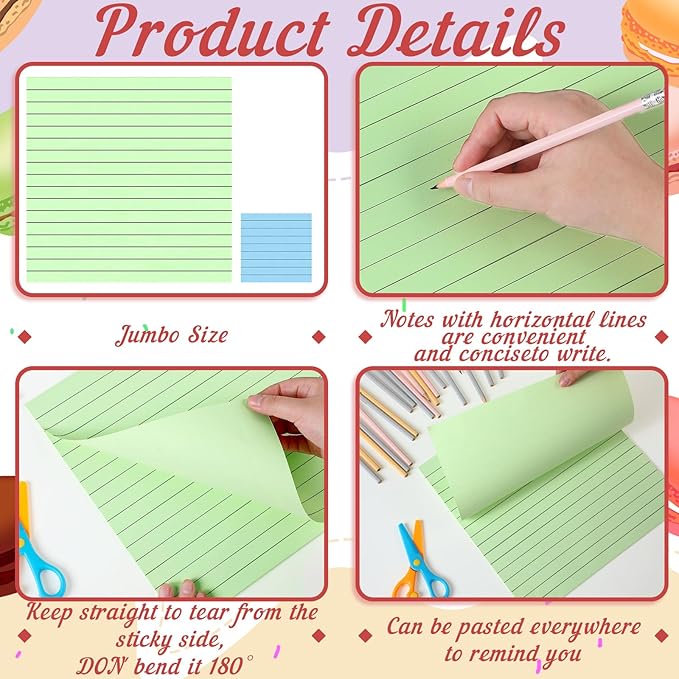 Qeeenar 8 Pads Big Sticky Notes 11 x 11 Inch Lined Jumbo Large Sticky Notes for Wall,Giant Strong Power Memo Square Post for Office, 25 Sheets/Pad(Pastel Color)